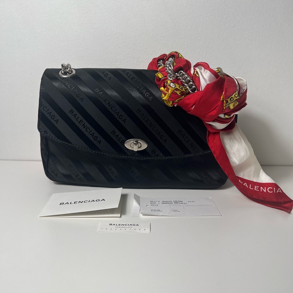 Balenciaga BB Satin Jacquard Black Logo Scarf Chain Shoulder Crossbody Bag Purse - Picture 4 of 13